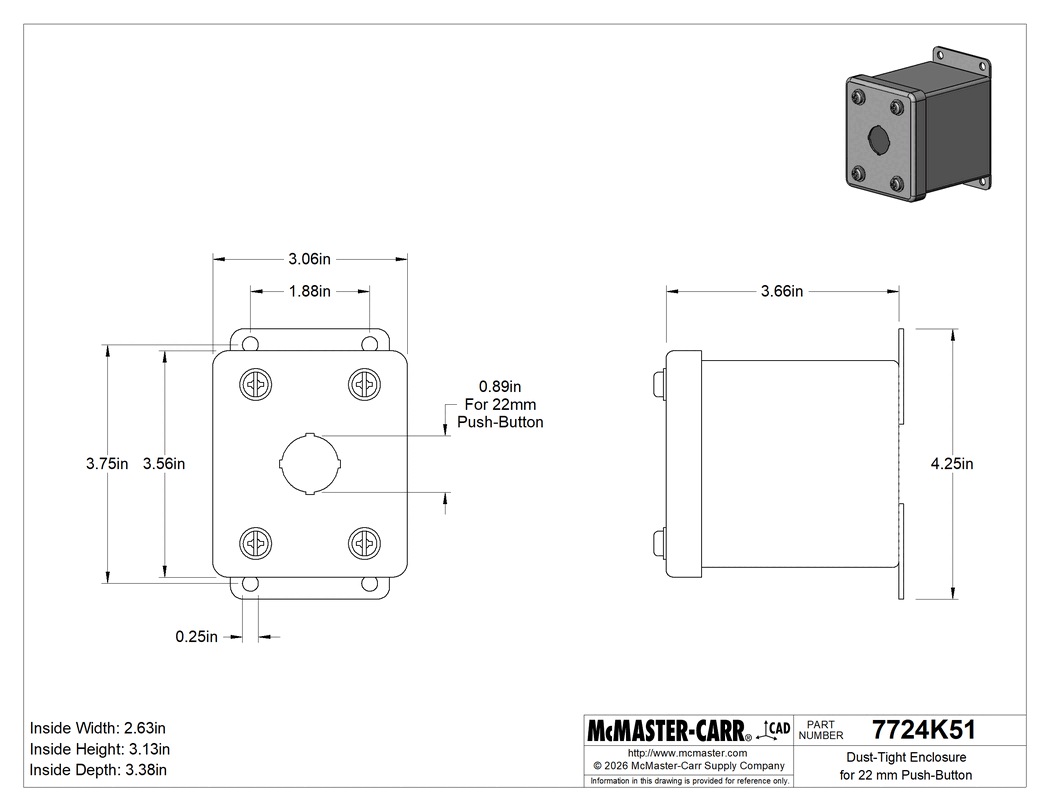 Technical Drawing of Dust-Tight Enclosure for 22 mm Push-Button, with Lift-Off Cover, 1 Hole, 3-1/2" x 3-3/4".